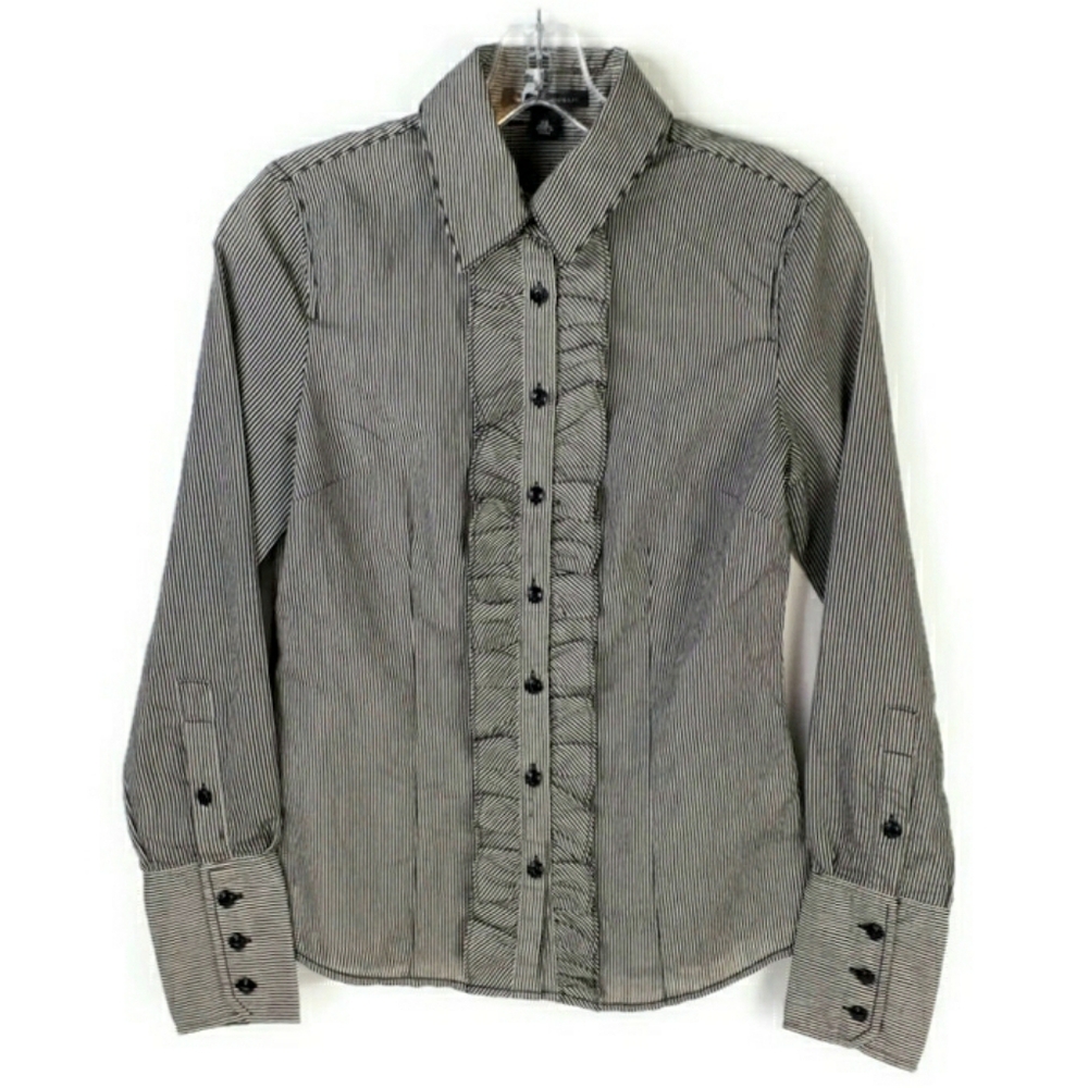 Banana Republic Black Kat Striped Ruffle Front Long Sleeve Fitted Shirt Women XS